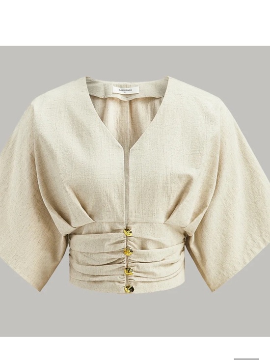 Commense Tops - Commense Beige Ruched-Waist Kimono Crop Top